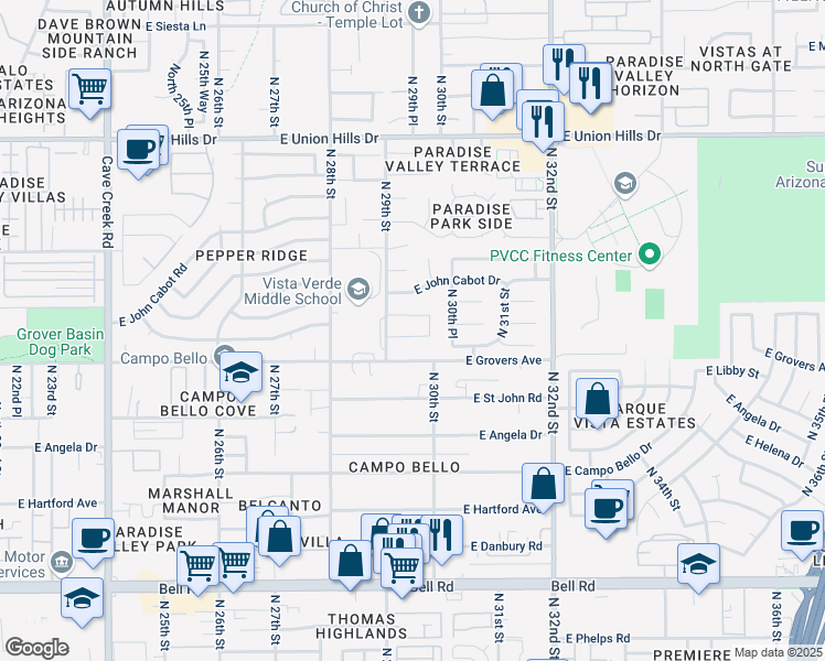 map of restaurants, bars, coffee shops, grocery stores, and more near 2936 East Charleston Avenue in Phoenix