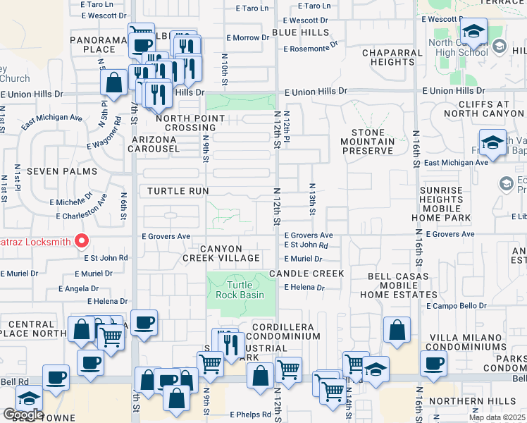 map of restaurants, bars, coffee shops, grocery stores, and more near 18002 North 12th Street in Phoenix