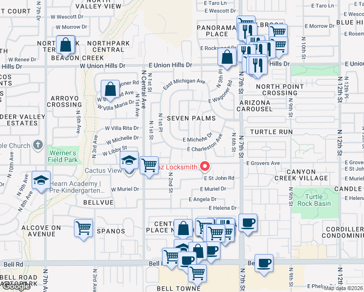 map of restaurants, bars, coffee shops, grocery stores, and more near 18003 North 2nd Street in Phoenix