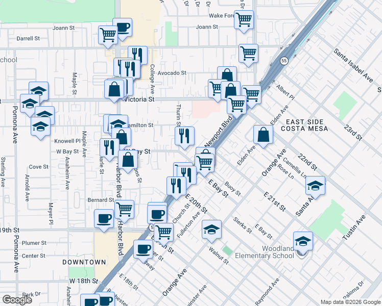 map of restaurants, bars, coffee shops, grocery stores, and more near 348 Gulf Stream Way in Costa Mesa