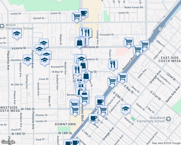 map of restaurants, bars, coffee shops, grocery stores, and more near 2060 Harbor Boulevard in Costa Mesa