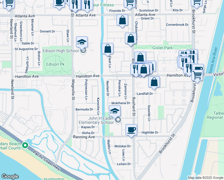 map of restaurants, bars, coffee shops, grocery stores, and more near 21571 Neolani Drive in Huntington Beach