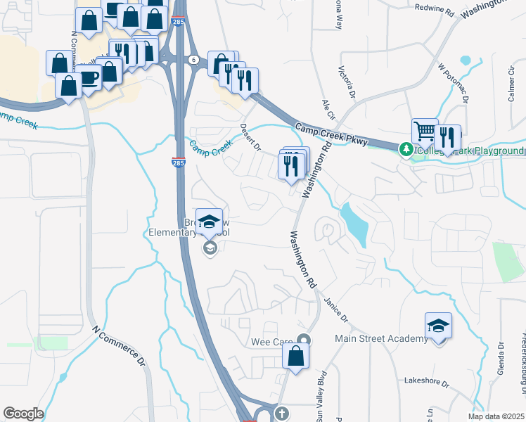map of restaurants, bars, coffee shops, grocery stores, and more near 2865 Laurel Ridge Circle in East Point