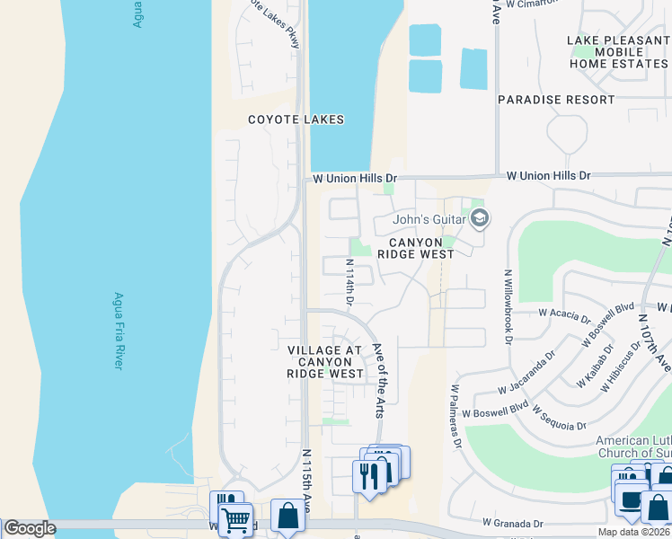 map of restaurants, bars, coffee shops, grocery stores, and more near 11474 West Austin Thomas Drive in Surprise