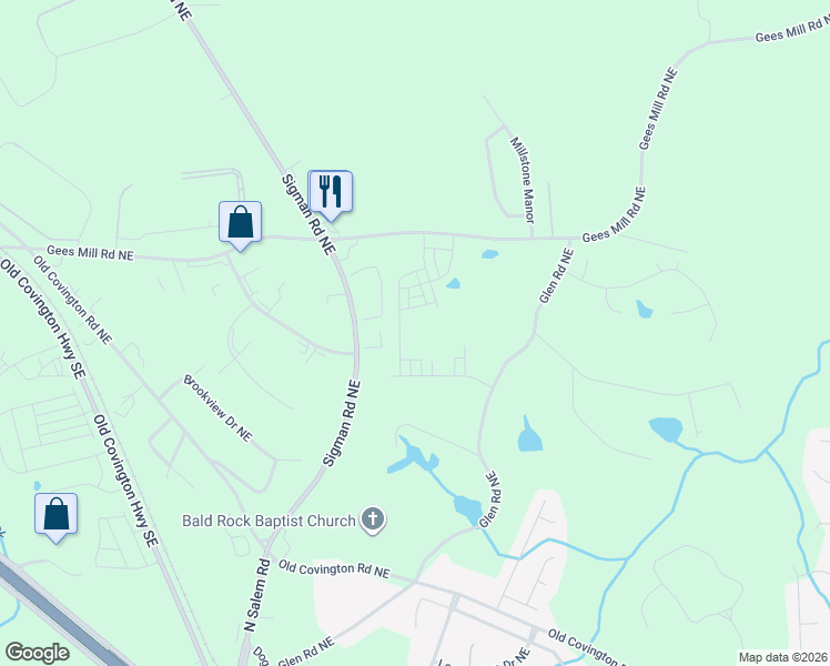 map of restaurants, bars, coffee shops, grocery stores, and more near 2325 Gees Mill Road Northeast in Conyers