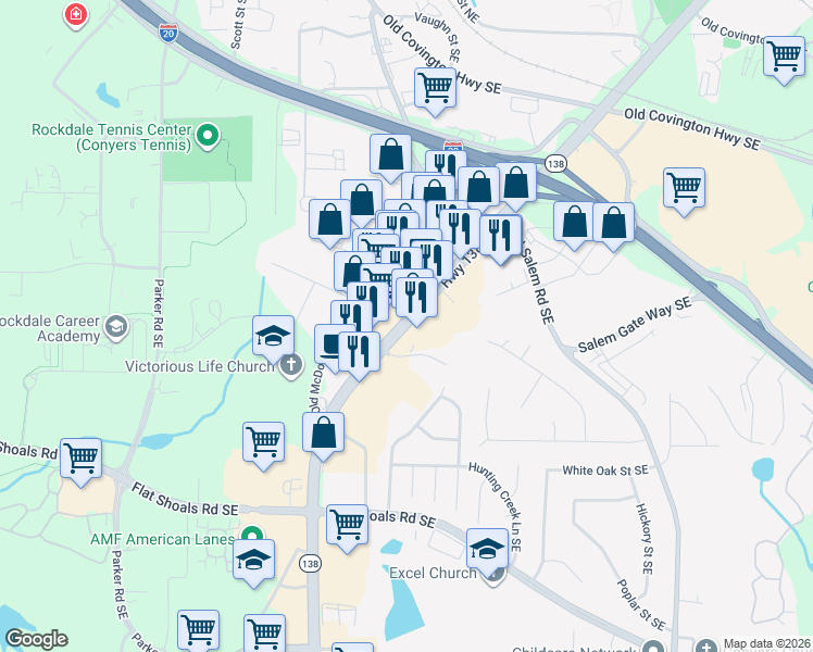 map of restaurants, bars, coffee shops, grocery stores, and more near 1537 Georgia 20 in Conyers