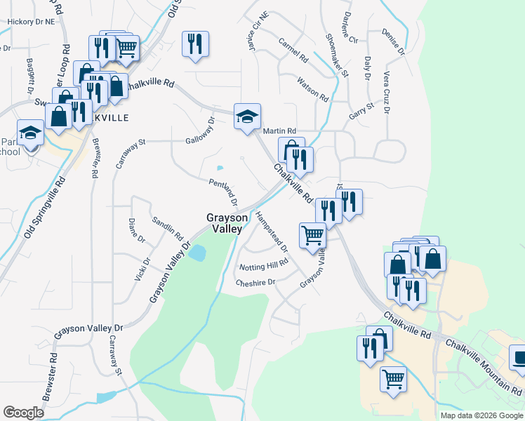 map of restaurants, bars, coffee shops, grocery stores, and more near 2304 Grayson Valley Drive in Birmingham