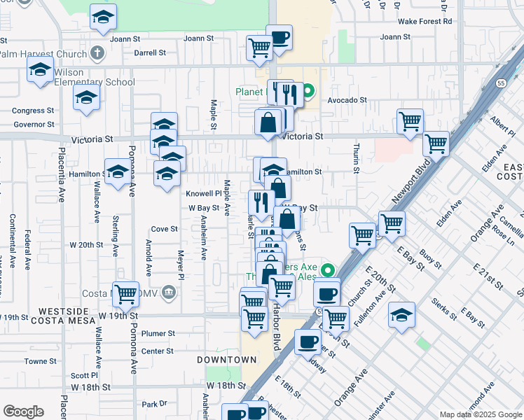 map of restaurants, bars, coffee shops, grocery stores, and more near in Costa Mesa