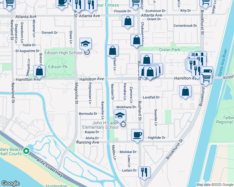 map of restaurants, bars, coffee shops, grocery stores, and more near 21571 Neolani Drive in Huntington Beach
