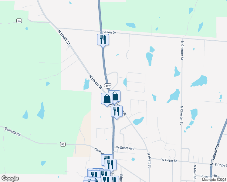 map of restaurants, bars, coffee shops, grocery stores, and more near 109 Circle Acres Drive in Monticello