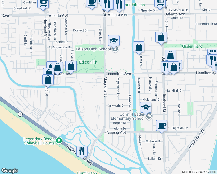 map of restaurants, bars, coffee shops, grocery stores, and more near 9021 Niguel Circle in Huntington Beach
