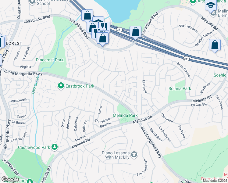 map of restaurants, bars, coffee shops, grocery stores, and more near 21597 San Lorenzo in Mission Viejo
