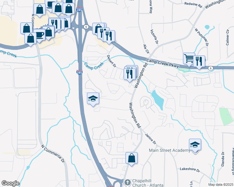 map of restaurants, bars, coffee shops, grocery stores, and more near 2865 Laurel Ridge Circle in East Point