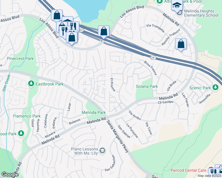 map of restaurants, bars, coffee shops, grocery stores, and more near 43 El Prisma in Rancho Santa Margarita