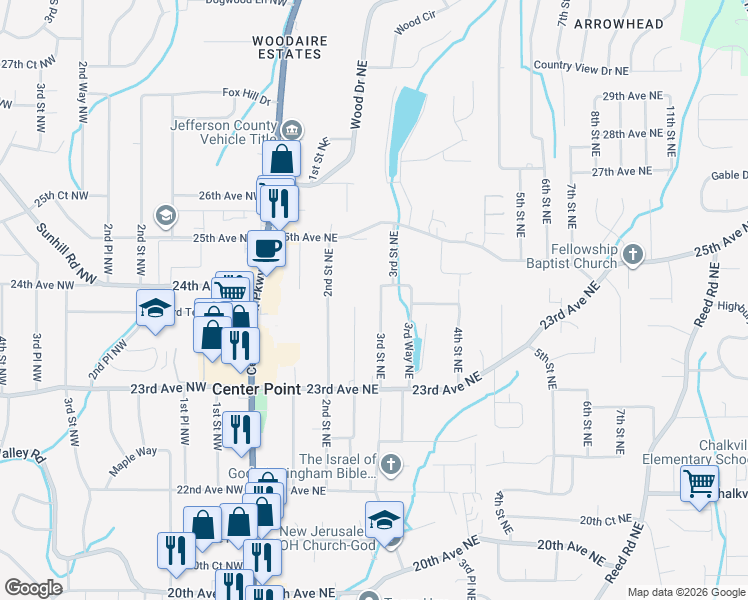 map of restaurants, bars, coffee shops, grocery stores, and more near 2344 3rd Street Northeast in Center Point