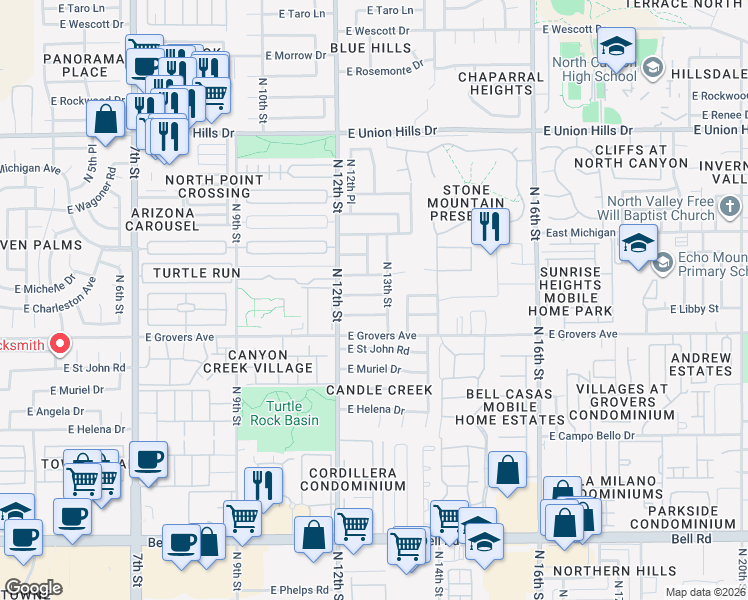 map of restaurants, bars, coffee shops, grocery stores, and more near 1245 East Charleston Avenue in Phoenix