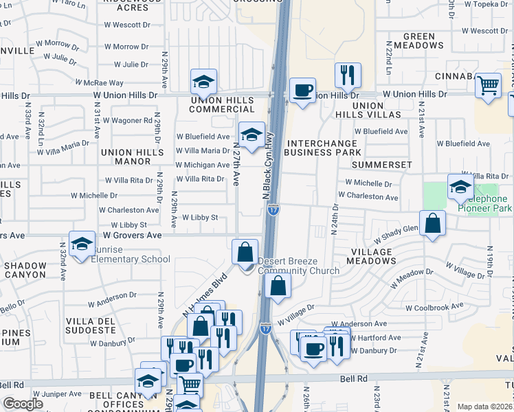 map of restaurants, bars, coffee shops, grocery stores, and more near 17840 North Black Canyon Highway in Phoenix