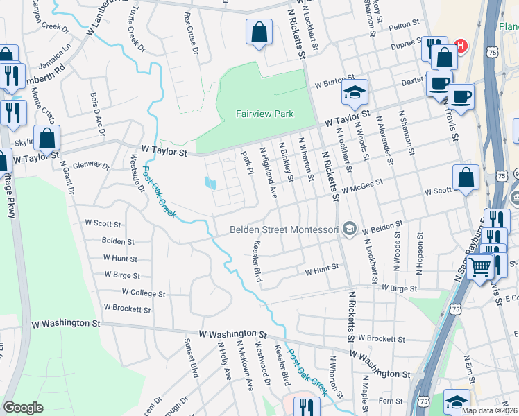 map of restaurants, bars, coffee shops, grocery stores, and more near 1201 Park Place in Sherman