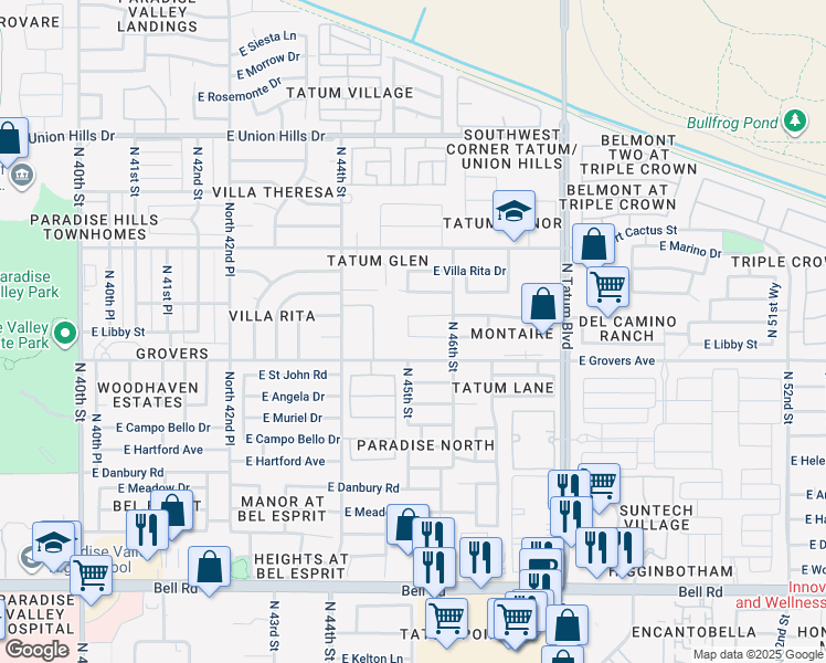 map of restaurants, bars, coffee shops, grocery stores, and more near 4528 East Libby Street in Phoenix