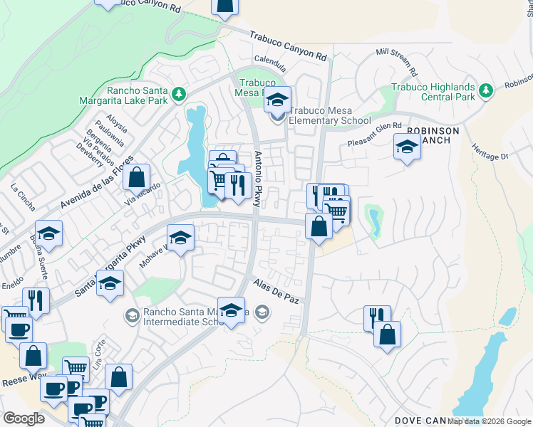map of restaurants, bars, coffee shops, grocery stores, and more near in Rancho Santa Margarita