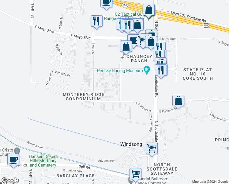 map of restaurants, bars, coffee shops, grocery stores, and more near 6901 East Chauncey Lane in Phoenix