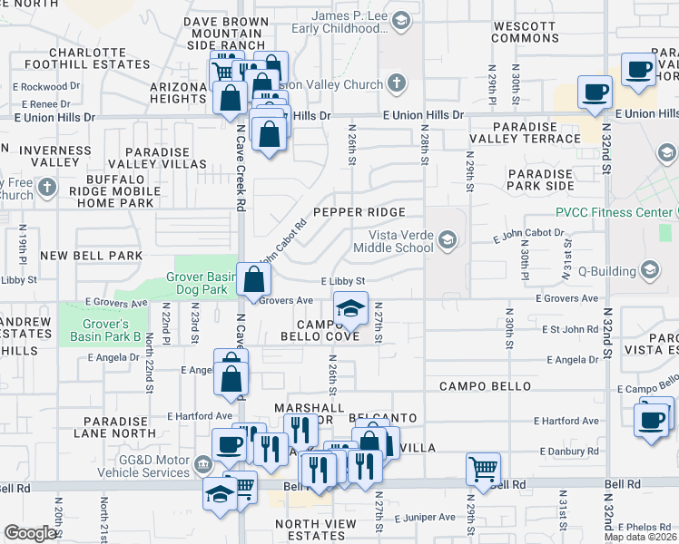 map of restaurants, bars, coffee shops, grocery stores, and more near 18008 North 26th Street in Phoenix