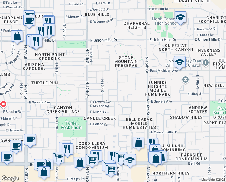 map of restaurants, bars, coffee shops, grocery stores, and more near 18010 North 14th Street in Phoenix
