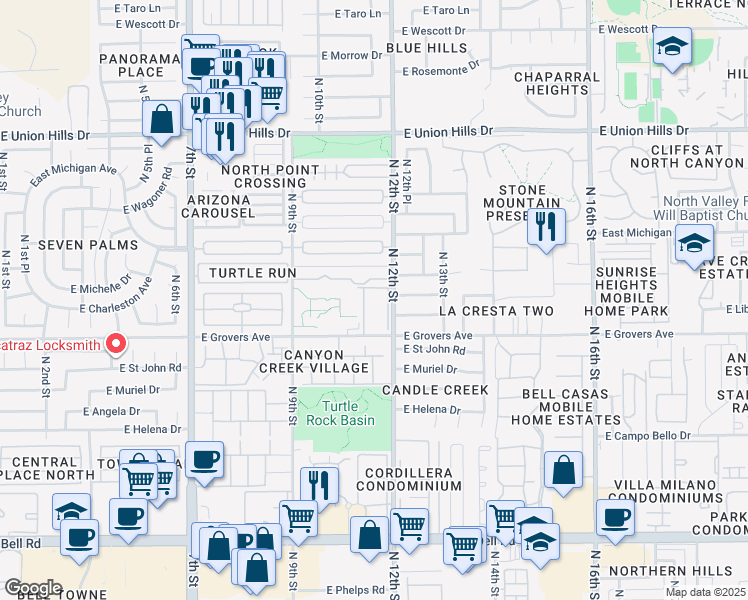 map of restaurants, bars, coffee shops, grocery stores, and more near 18002 North 12th Street in Phoenix