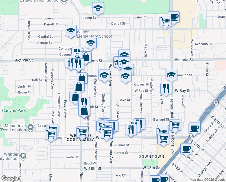 map of restaurants, bars, coffee shops, grocery stores, and more near 2060 Pomona Avenue in Costa Mesa