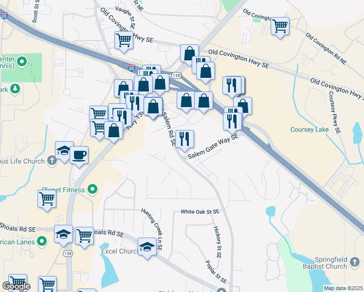map of restaurants, bars, coffee shops, grocery stores, and more near 1494 Old Salem Road Southeast in Conyers