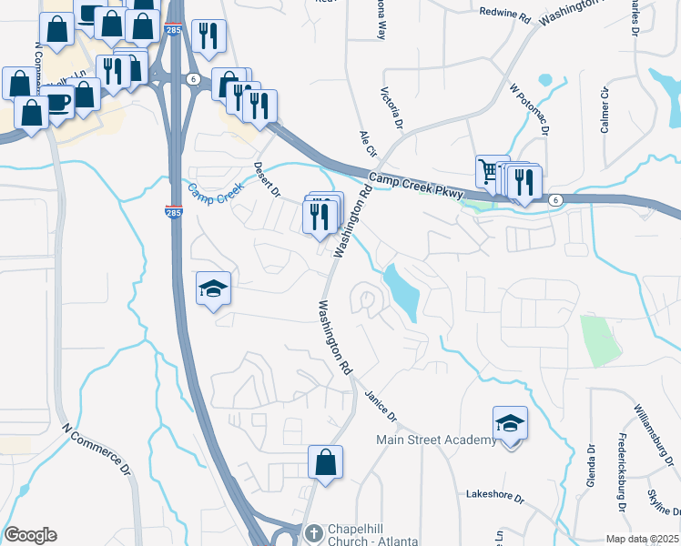 map of restaurants, bars, coffee shops, grocery stores, and more near 3887 Washington Road in East Point