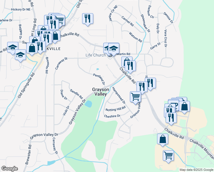 map of restaurants, bars, coffee shops, grocery stores, and more near 2316 Grayson Valley Drive in Birmingham