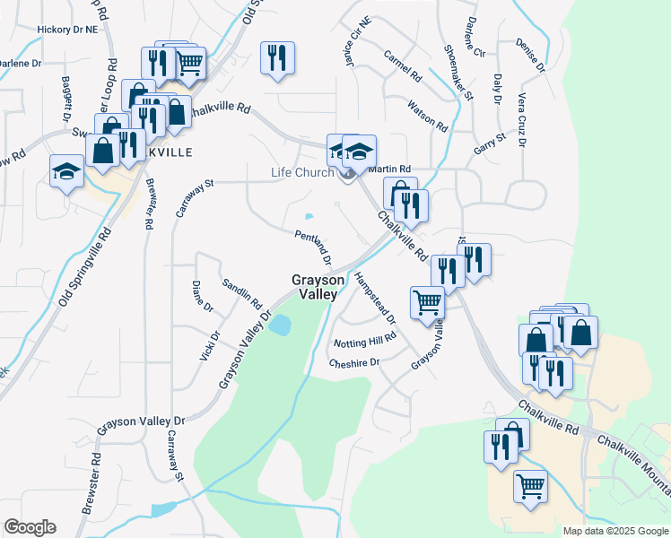 map of restaurants, bars, coffee shops, grocery stores, and more near 2316 Grayson Valley Drive in Birmingham