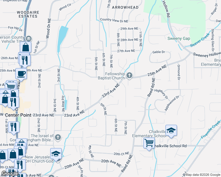 map of restaurants, bars, coffee shops, grocery stores, and more near 705 25th Avenue Northeast in Center Point