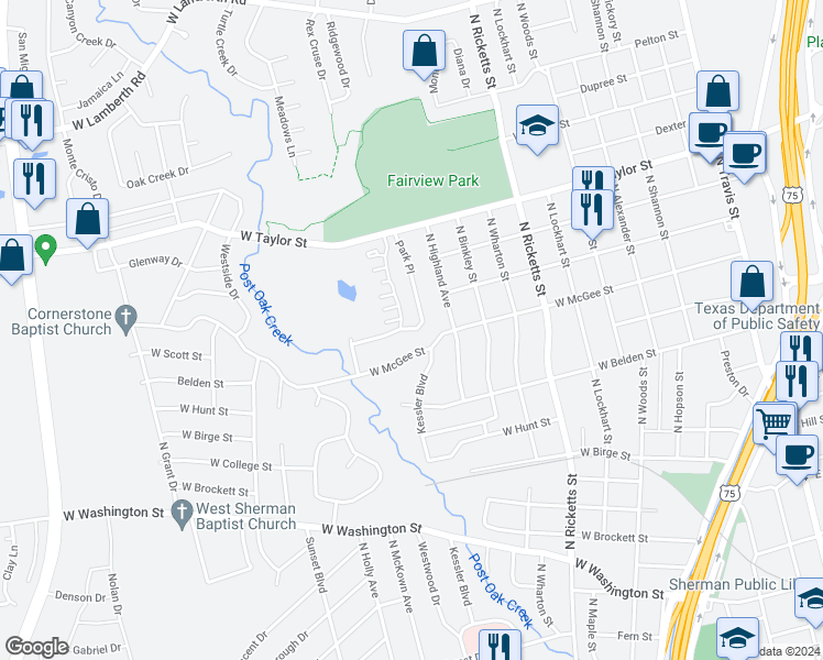map of restaurants, bars, coffee shops, grocery stores, and more near 1201 Park Place in Sherman