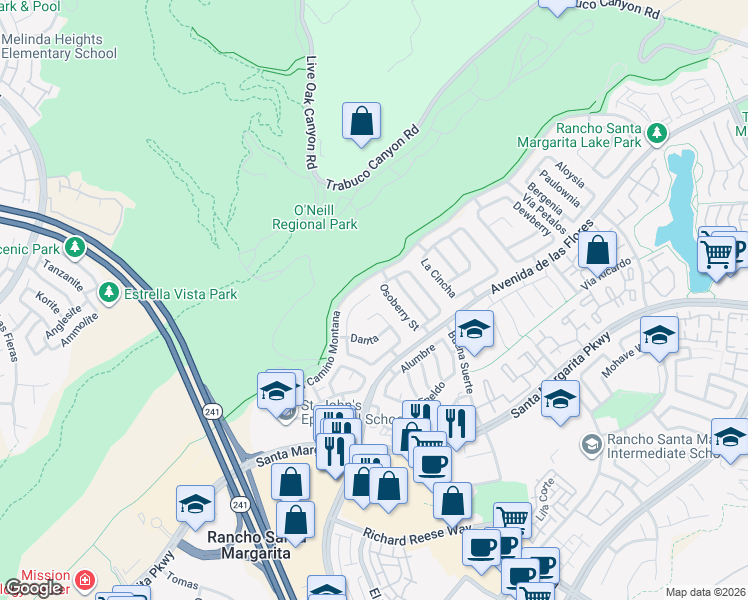 map of restaurants, bars, coffee shops, grocery stores, and more near 4 Raposa in Rancho Santa Margarita