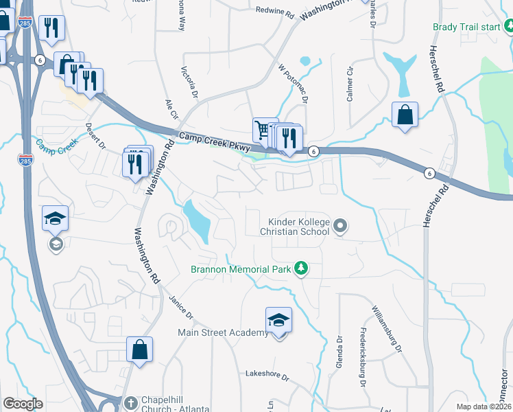 map of restaurants, bars, coffee shops, grocery stores, and more near 2900 Camp Creek Pkwy in Atlanta