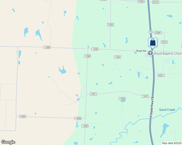 map of restaurants, bars, coffee shops, grocery stores, and more near 2202 County Road 1450 in Bonham