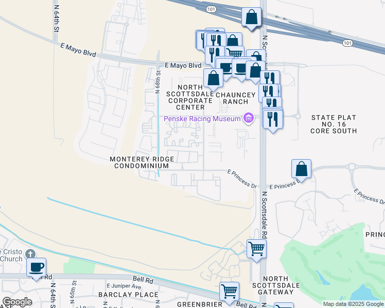 map of restaurants, bars, coffee shops, grocery stores, and more near 6900 East Princess Drive in Phoenix