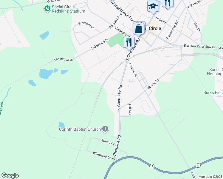 map of restaurants, bars, coffee shops, grocery stores, and more near 125 Ash Street in Social Circle