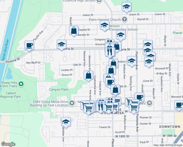 map of restaurants, bars, coffee shops, grocery stores, and more near 2069 Monrovia Avenue in Costa Mesa