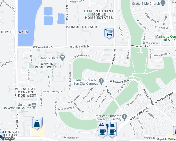 map of restaurants, bars, coffee shops, grocery stores, and more near 10834 West Mimosa Drive in Sun City