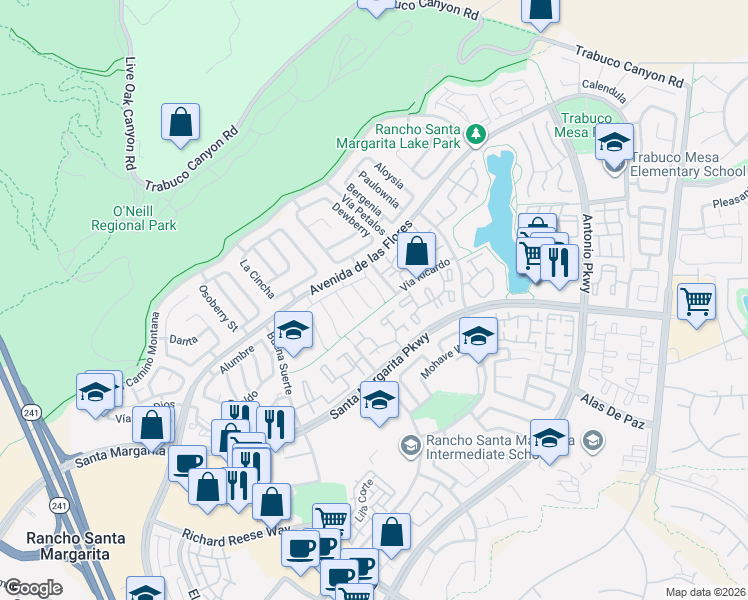 map of restaurants, bars, coffee shops, grocery stores, and more near 2 Las Piedras in Rancho Santa Margarita