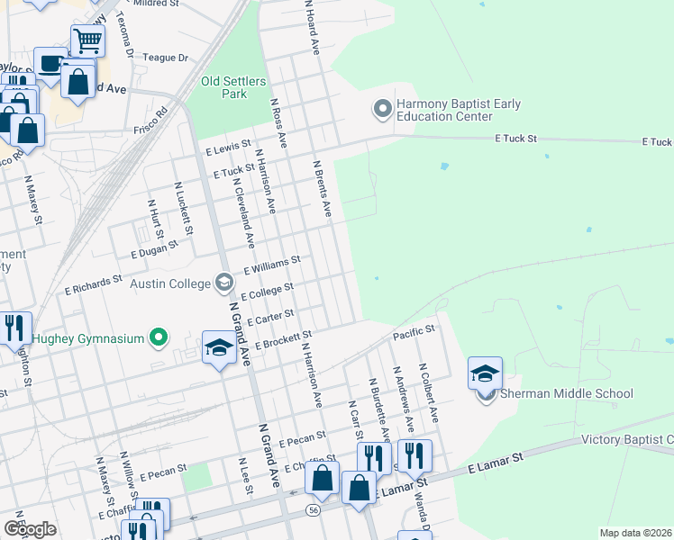 map of restaurants, bars, coffee shops, grocery stores, and more near 909 North Brents Avenue in Sherman