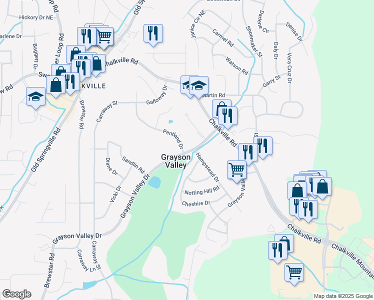 map of restaurants, bars, coffee shops, grocery stores, and more near 2346 Grayson Valley Drive in Birmingham