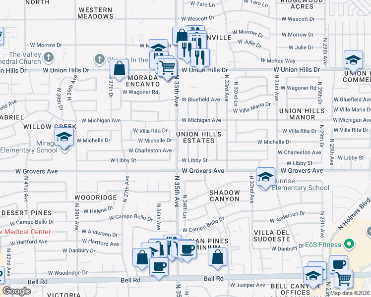 map of restaurants, bars, coffee shops, grocery stores, and more near 18009 North 35th Avenue in Phoenix