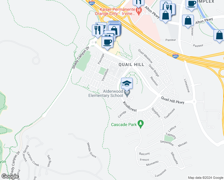 map of restaurants, bars, coffee shops, grocery stores, and more near 25 Coriander in Irvine