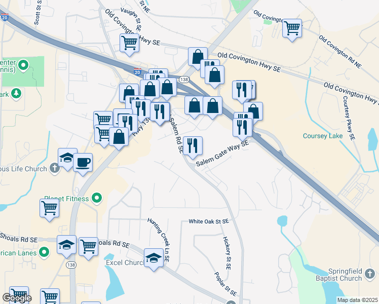 map of restaurants, bars, coffee shops, grocery stores, and more near 1494 Old Salem Road Southeast in Conyers