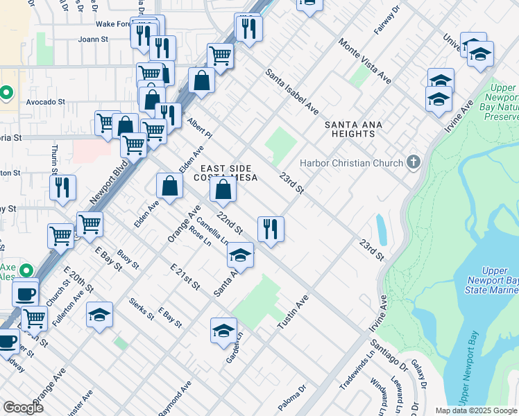 map of restaurants, bars, coffee shops, grocery stores, and more near 269 Cecil Place in Costa Mesa