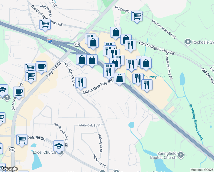 map of restaurants, bars, coffee shops, grocery stores, and more near 365 Salem Gate Way Southeast in Conyers
